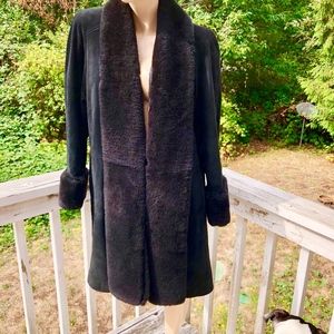 Black Bergdorf Goodman Shearling FUR Suede Coat